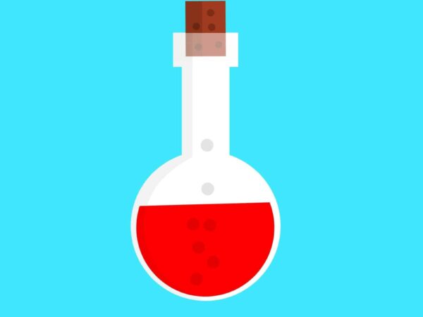 Round-bottom flask illustration | Science Safety Illustration of a round-bottom flask with a cork, filled with red liquid, on a turquoise background