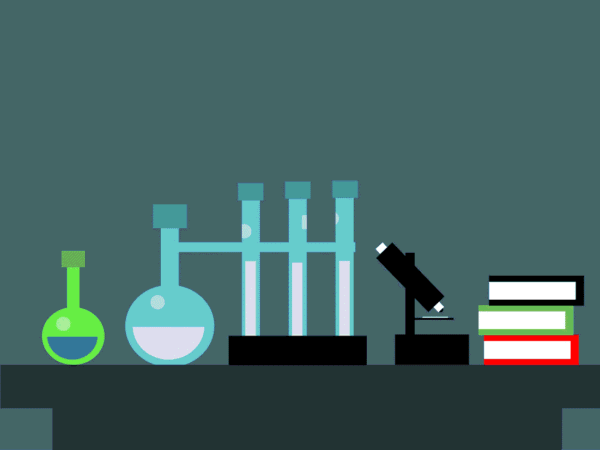 Illustration of laboratory glassware, a microscope and books on a bench