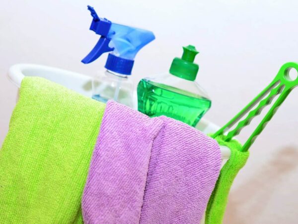 Cleaning supplies | Science Safety Cleaning supplies, spray bottles, detergent and cloths in a green caddy