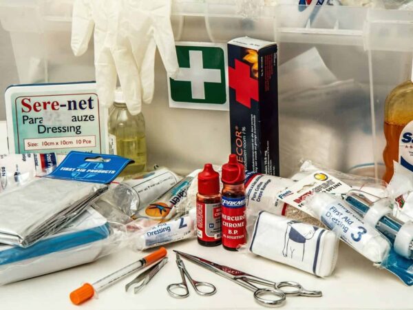 Contents of a first aid kit: dressings, gloves, scissors and ointments