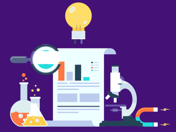 Illustration of science equipment: flasks, a report with charts, a microscope, a magnet and a light bulb