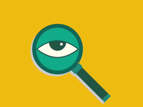 Illustration of a magnifying glass with an eye on a yellow background