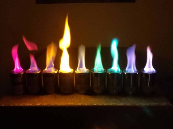 Row of flames in different colours from a flame test