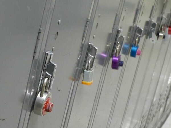 School lockers | Science Safety Row of grey metal school lockers with padlocks