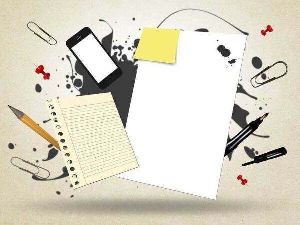 Illustration of scattered papers, sticky notes, pencils, paper clips and a phone