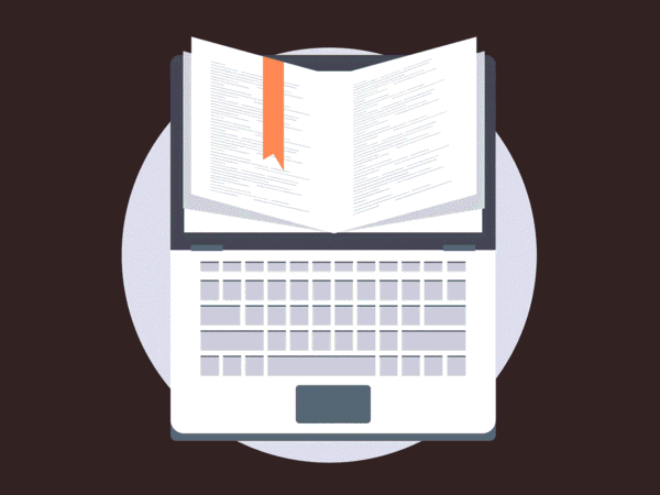 Illustration of an open book above a laptop keyboard