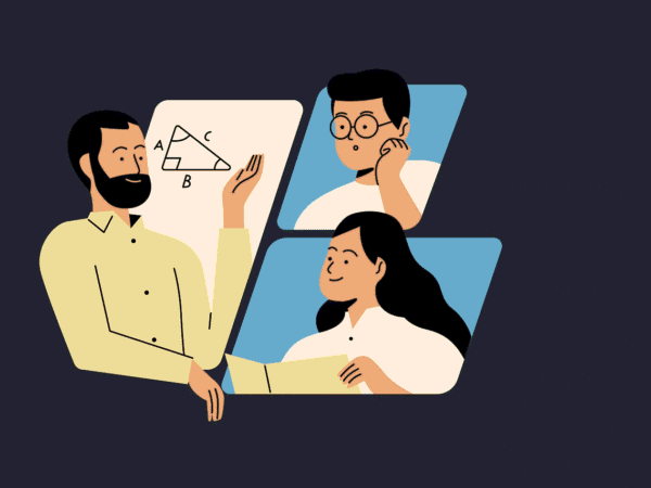 Illustration of a teacher and students meeting on a video call