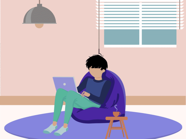 Illustration of a student in a beanbag chair working on a laptop at home