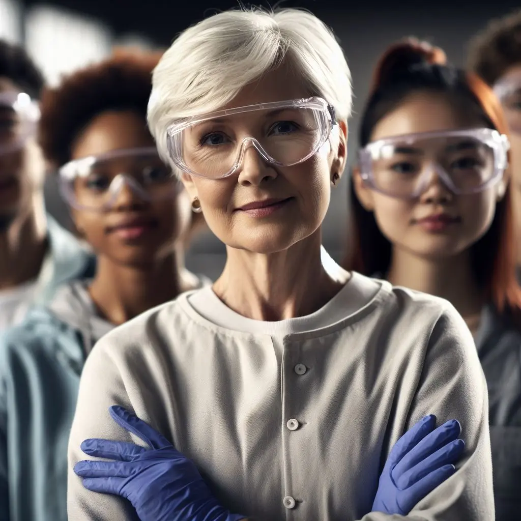 female-teacher-nitrile-gloves-safety-goggles_2e857185-7aed-419c-b032-046b536bd6bf | Science Safety | Science Safety A science teacher in safety goggles with students in goggles behind her