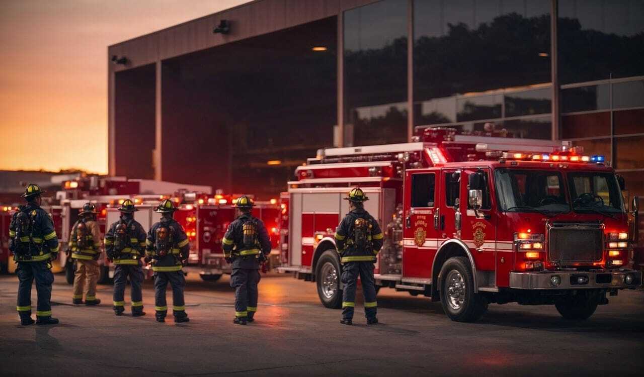 Firefighters standing in front of fire engines outside a fire station at dusk
