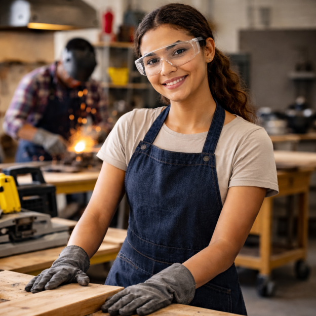 Young woman in safety glasses, apron, and gloves stands in a woodworking shop, embodying CTE safety as she smiles at the camera. A person works with machinery and sparks in the background.
