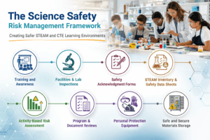 A group of students in a science lab with an infographic outlining eight steps of The Science Safety Risk Management Framework (SSRMF) for STEAM and CTE learning environments.