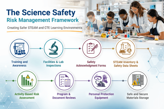A group of students in a science lab with an infographic outlining eight steps of The Science Safety Risk Management Framework (SSRMF) for STEAM and CTE learning environments.