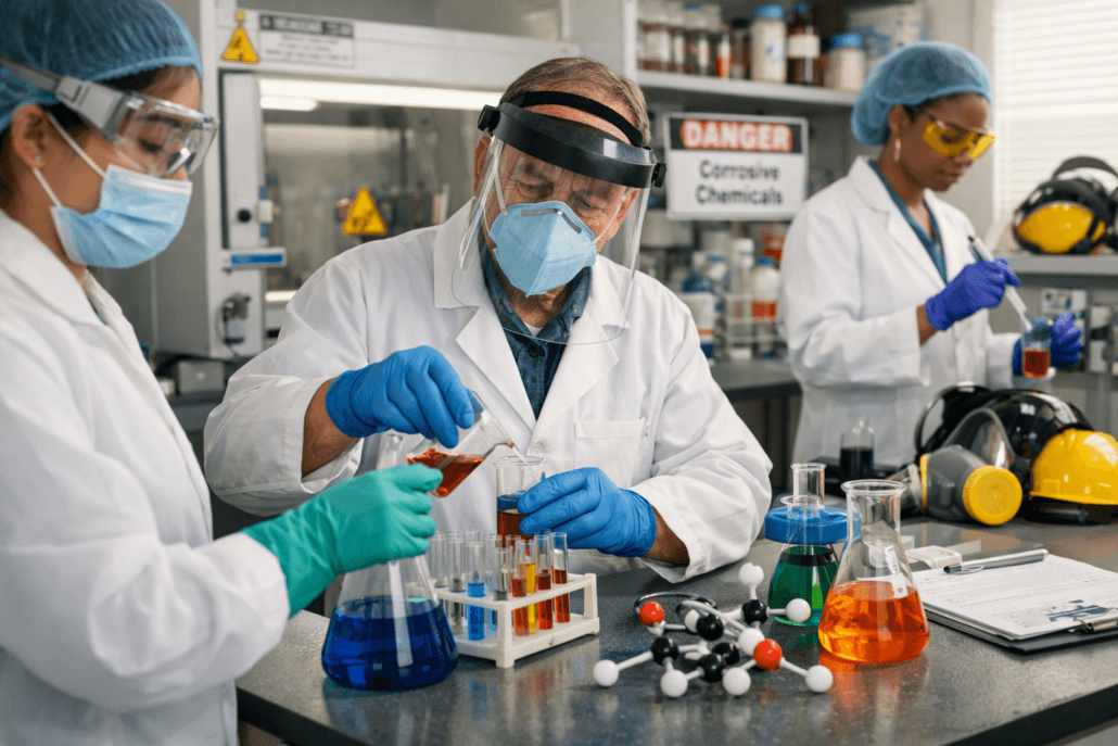 Three scientists in lab coats, masks, and gloves demonstrate the importance of PPE in science labs as they handle chemical liquids in flasks and test tubes, surrounded by safety equipment and molecular models on the table.