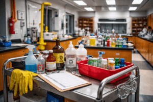 A laboratory cart with various chemical bottles, gloves, and a clipboard stands in a science lab with shelves and equipment in the background, ready for closing up the lab after experiments.