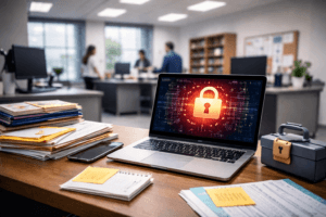 Cybersecurity in K–12 Schools | Science Safety | Science Safety A laptop displaying a digital padlock icon sits on an office desk with documents, a locked box, and folders—a scene highlighting cybersecurity in K–12 schools as three people are blurred in the background.