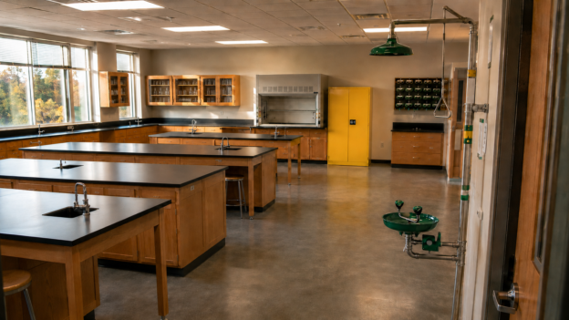 School Lab Safety | Science Safety A well-lit college science lab with wooden workbenches, black countertops, sinks, and tall cabinets along windows; a yellow safety cabinet and fume hood are at the back.