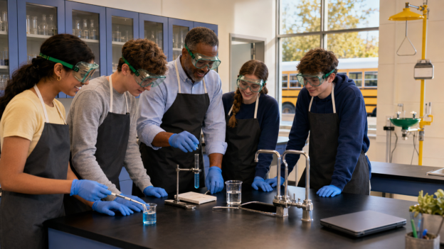 Instructor and four students wearing safety goggles and aprons perform a chemistry demonstration at a lab bench with blue liquid in beakers on the table.