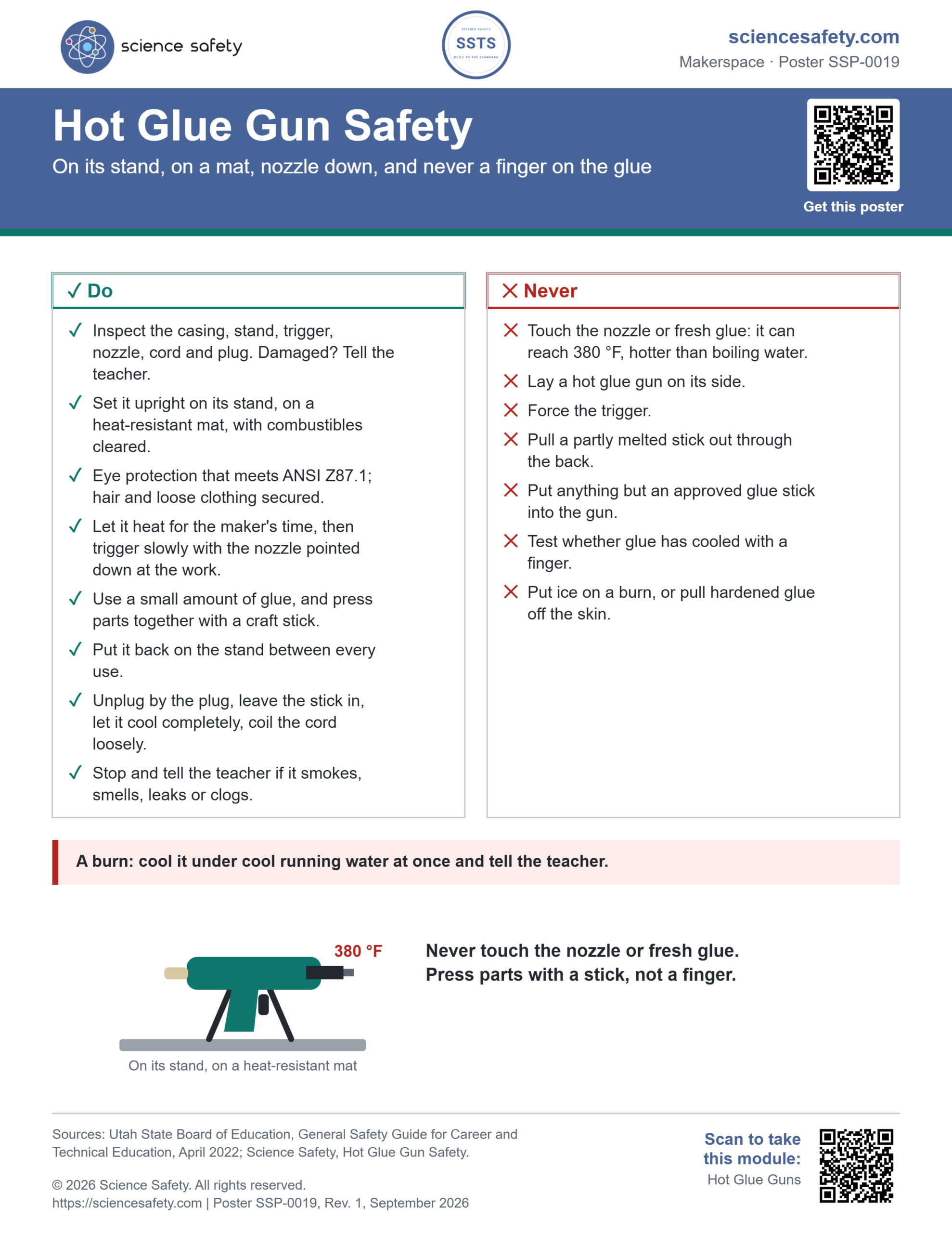 Science Safety poster SSP-0019: Hot Glue Gun Safety. A Do and Never sheet: inspect, stand and mat, eye protection, heating, trigger and nozzle, craft stick, unplugging and cooling; never touch the nozzle or fresh glue, lay it on its side, force the trigger, pull a stick out the back, or test glue with a finger. Burn first aid.