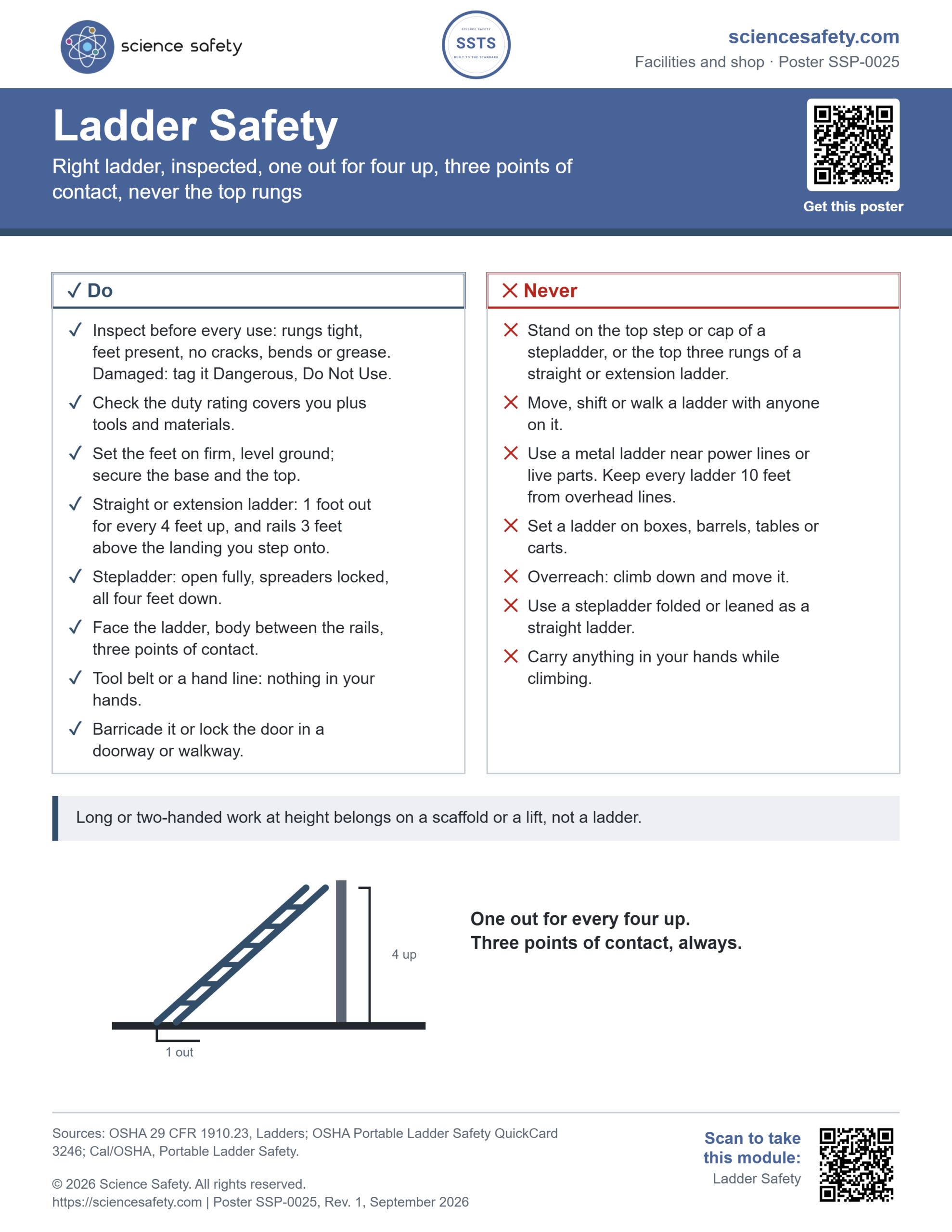 Science Safety poster SSP-0025: Ladder Safety. A Do and Never sheet: inspect, duty rating, firm footing secured top and bottom, one out for four up, rails three feet above the landing, stepladder open and locked, three points of contact, tool belt, barricade; never the top rungs, never move a ladder with someone on it, never a metal ladder near power lines, never boxes as a base.