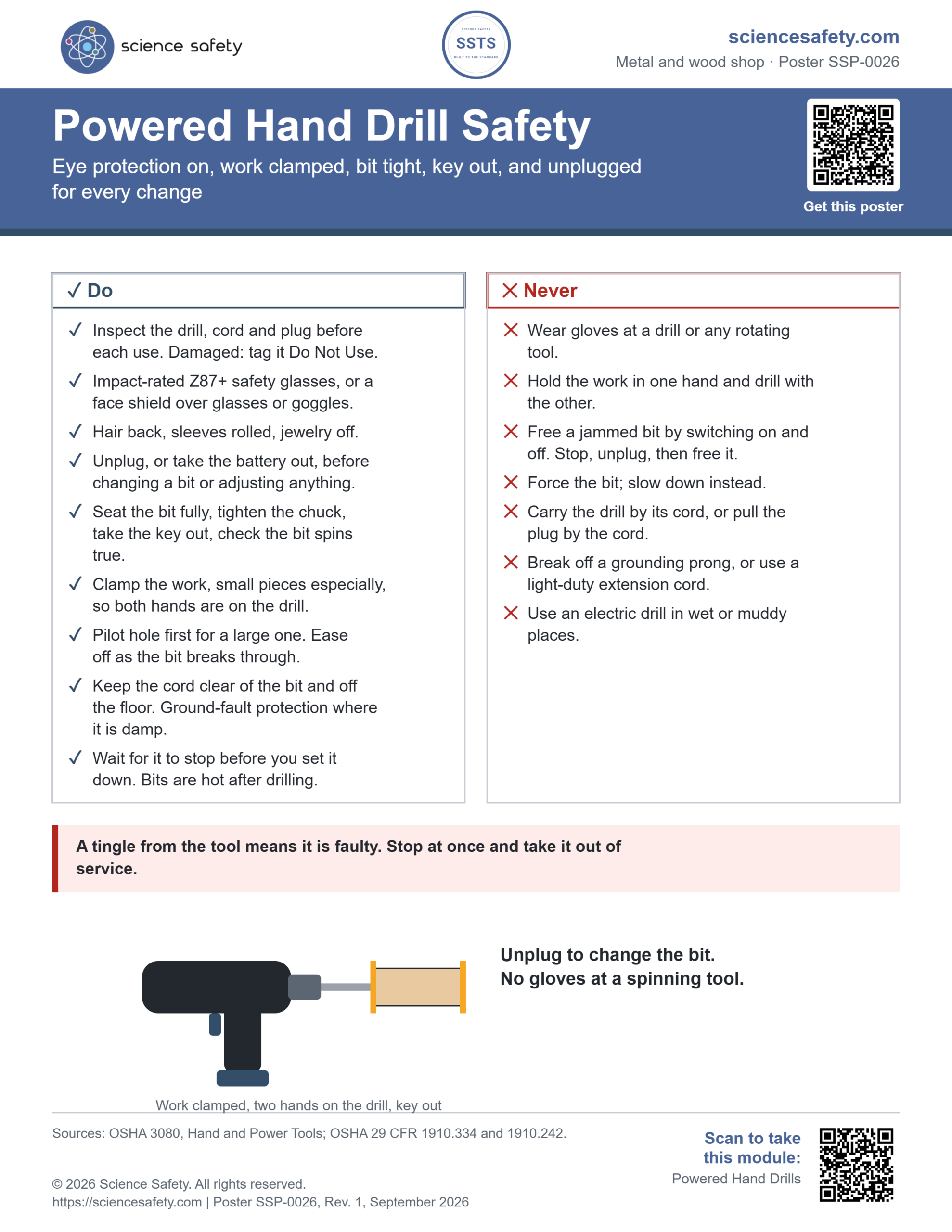 Science Safety poster SSP-0026: Powered Hand Drill Safety. A Do and Never sheet: inspect, impact-rated eye protection, hair and jewelry, unplug to change bits, chuck tight and key out, work clamped, pilot hole, cord clear, wait for it to stop; never gloves, never hold the work by hand, never free a jam by switching on and off, never force the bit, never carry by the cord.