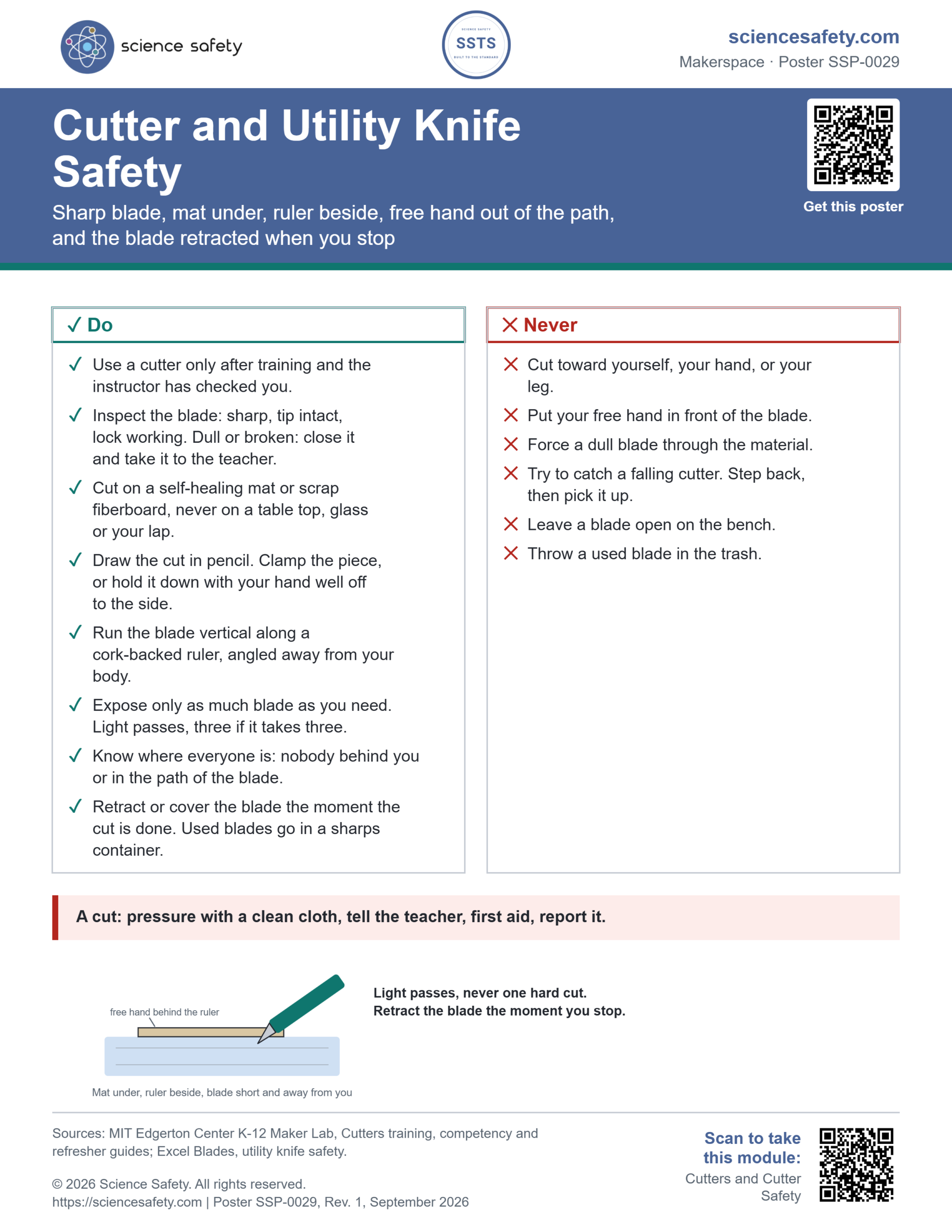 Science Safety poster SSP-0029: Cutter and Utility Knife Safety. A Do and Never sheet: training first, inspect the blade, cut on a mat, clamp or hold off to the side, vertical blade along a ruler angled away, short blade and light passes, retract when done, blades to a sharps container; never cut toward yourself, never a hand in front of the blade, never force a dull blade, never catch a falling cutter.