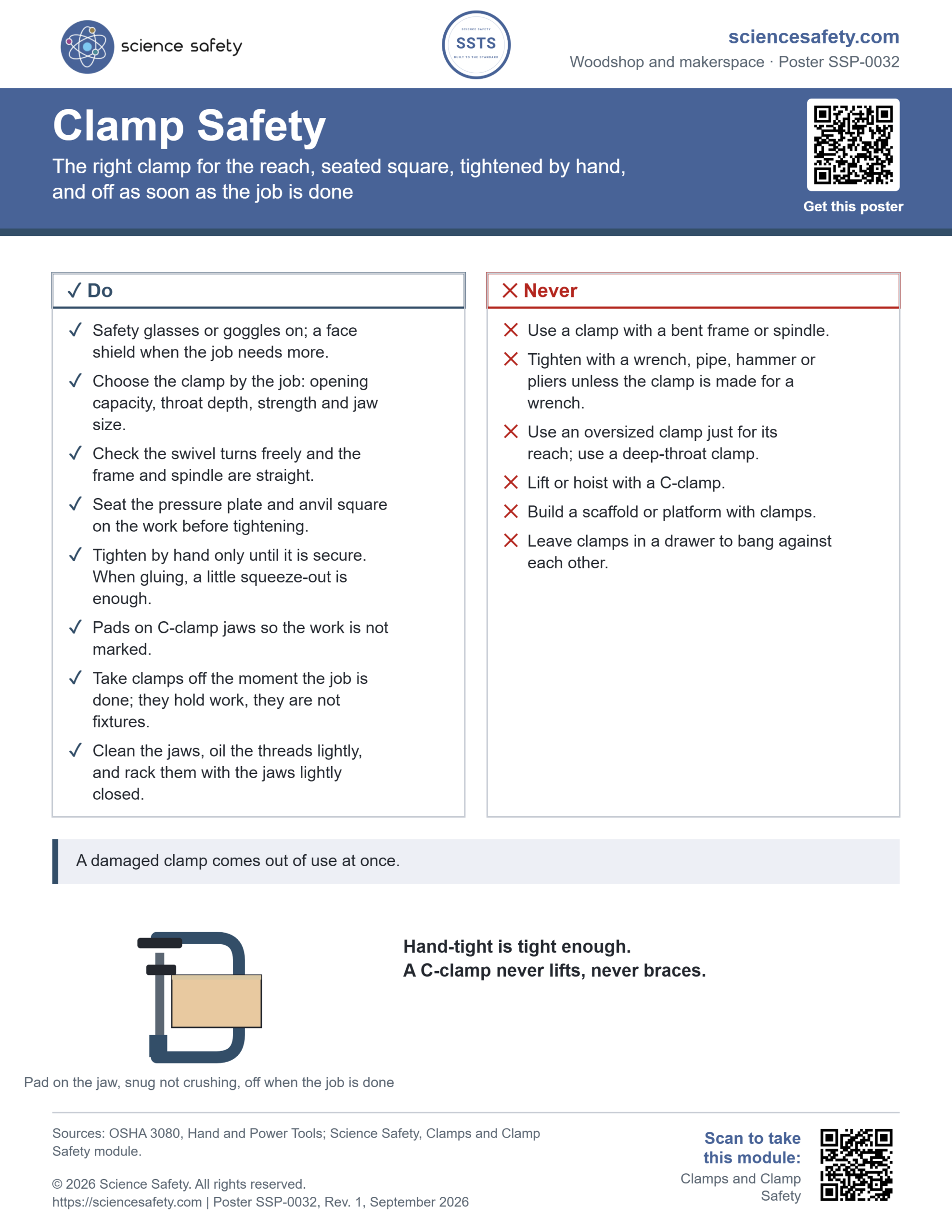 Clamp Safety poster: Do and Never lists with checkmarks on the left and red Xs on the right.