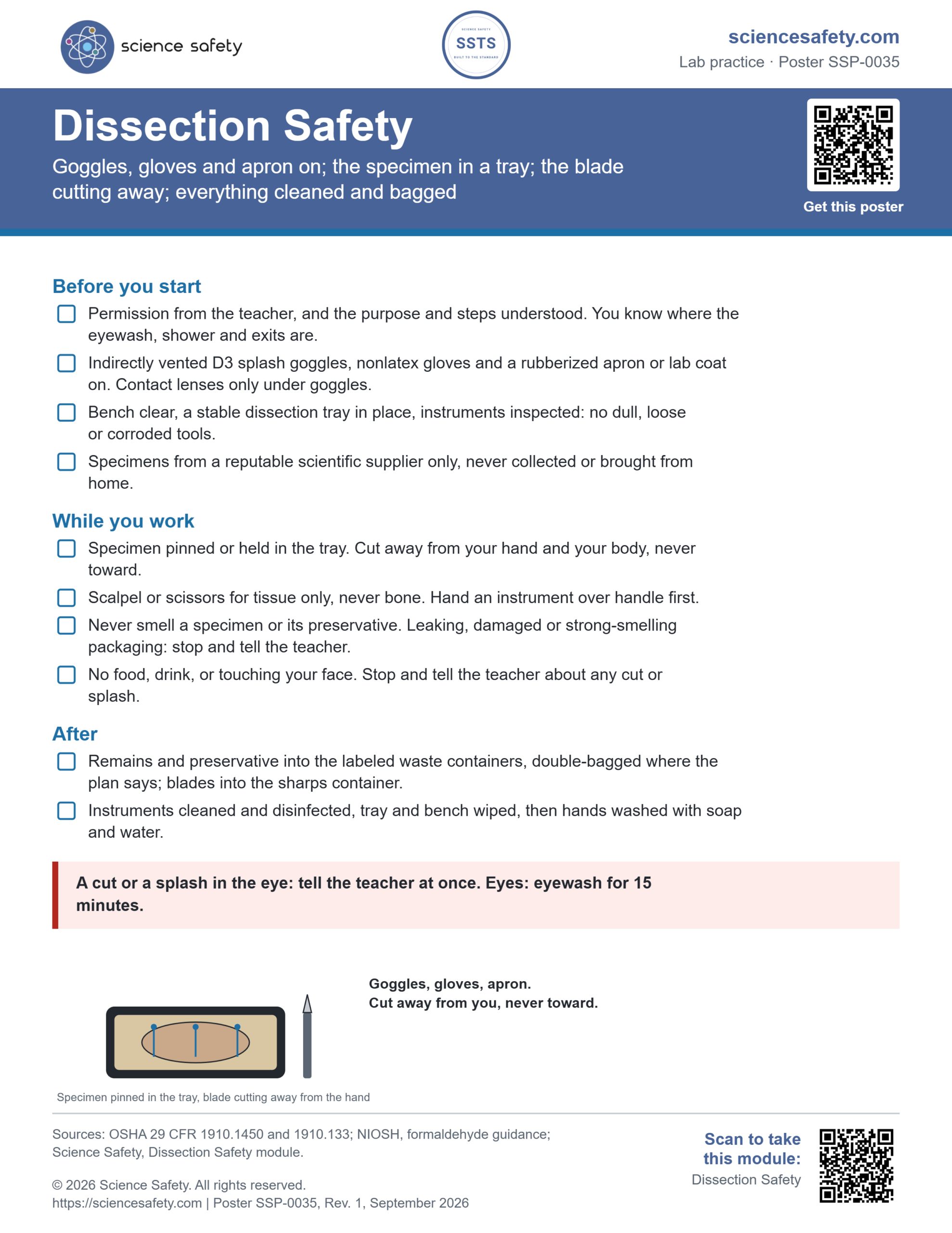 Dissection Safety poster with a checklist: Before you start, While you work, After; emphasizes goggles, gloves, and safe handling; includes logos and a QR code.