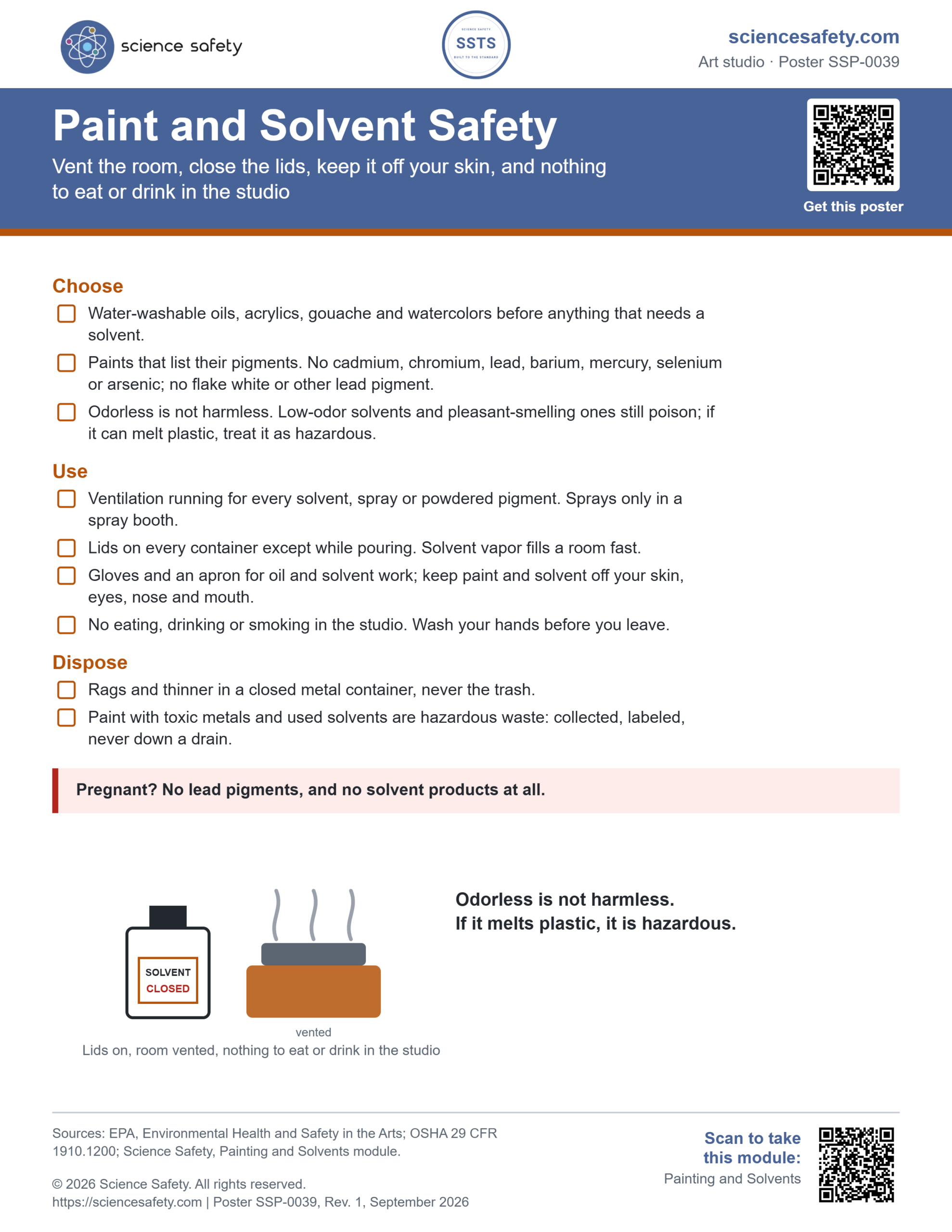 Science Safety poster SSP-0039: Paint and Solvent Safety. A checklist in three groups: choose, use, dispose, with a warning for pregnancy on lead pigments and solvents.