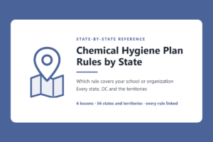 White rounded card on blue backdrop with a map pin over a folded map and the headline Chemical Hygiene Plan Rules by State: which rule covers your school or organization, every state, DC and the territories.