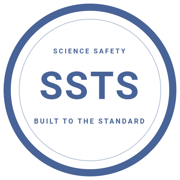 SSTS mark Built to the Science Safety Teaching Standard | Science Safety | Science Safety A round navy seal reading Science Safety, SSTS, Built to the Standard.
