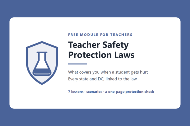 Teacher Safety Protection Laws course image | Science Safety Teacher Safety Protection Laws course image: a shield over a lab flask beside the course name, with the line What covers you when a student gets hurt, every state and DC, linked to the law.