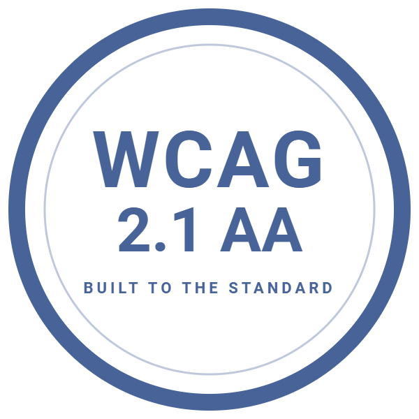 A round navy seal reading WCAG 2.1 AA, Built to the Standard.