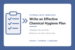 White rounded card on blue backdrop with a clipboard checklist icon and the headline 'Write an Effective Chemical Hygiene Plan' for a tutorial.
