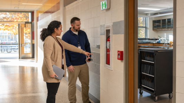 Two adults in a school hallway point at a wall-mounted fire extinguisher cabinet.