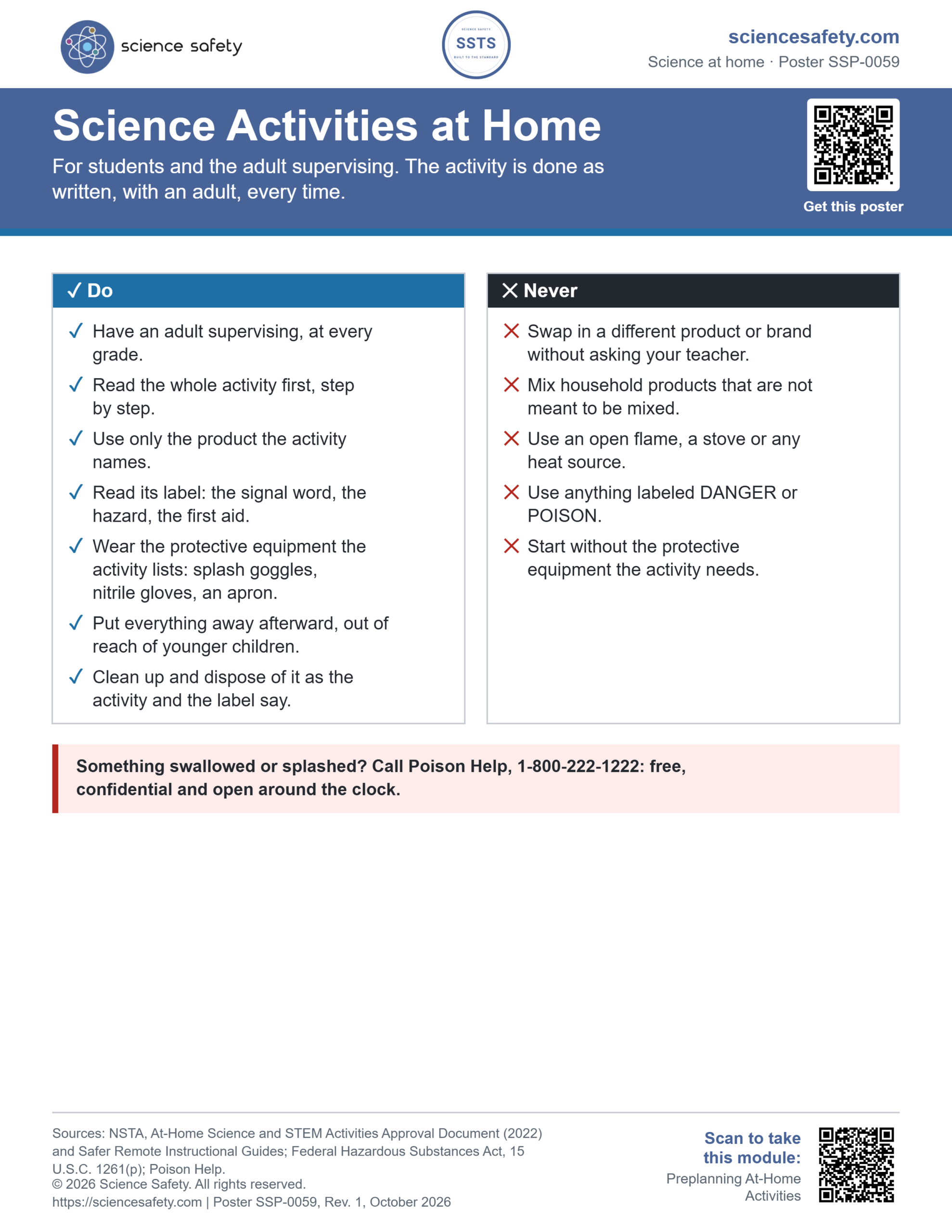 Science Safety poster SSP-0059: Science Activities at Home. A Do and Never sheet for students and the supervising adult, and the Poison Help number.