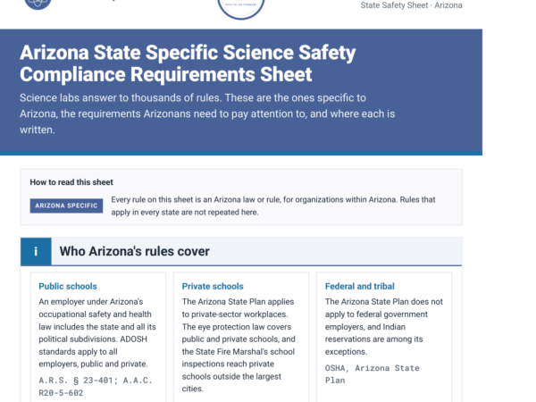 Arizona science lab safety rules and requirements checklist, page one