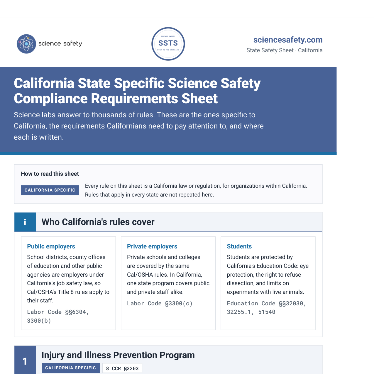 The first page of the California State Specific Science Safety Compliance Requirements Sheet
