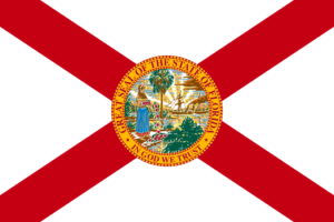 Flag of Florida | Science Safety | Science Safety Flag of Florida with a red diagonal cross on a white field and the state seal centered on the cross.