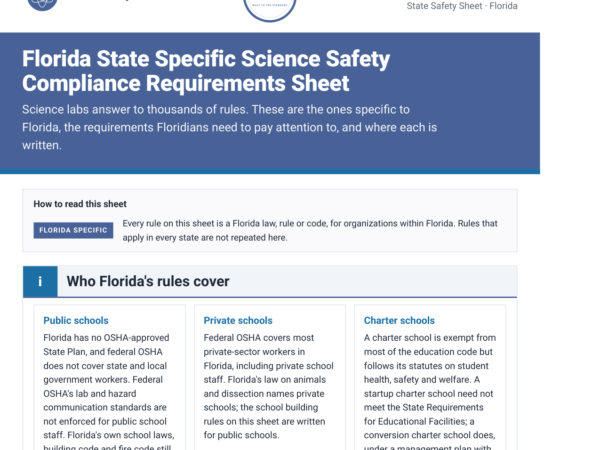 Florida science lab safety rules and requirements checklist, page one