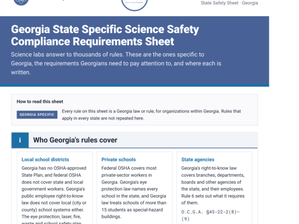 Georgia science lab safety rules and requirements checklist, page one