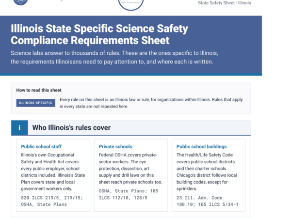 Illinois science lab safety rules and requirements checklist, page one