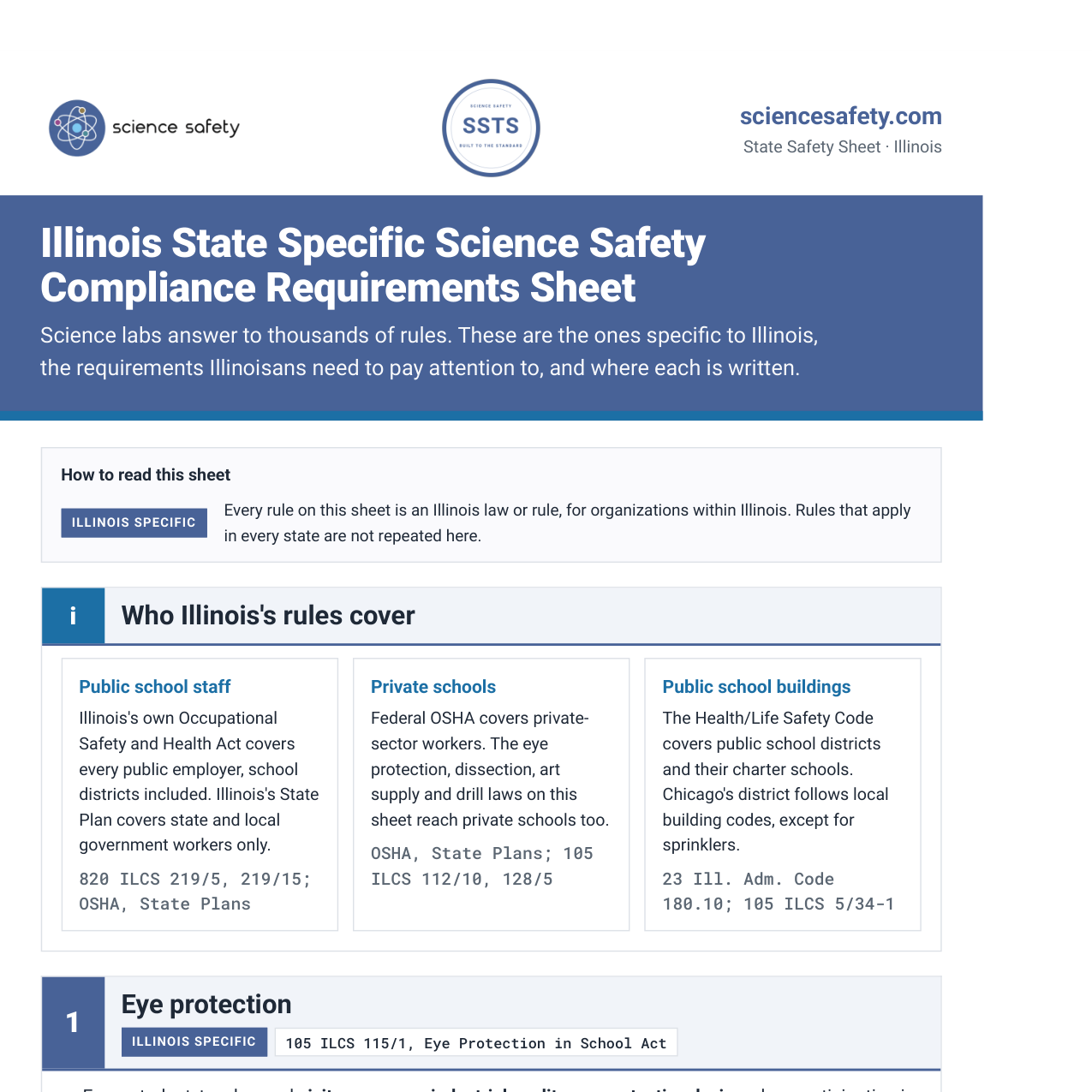 Illinois science lab safety rules and requirements checklist, page one