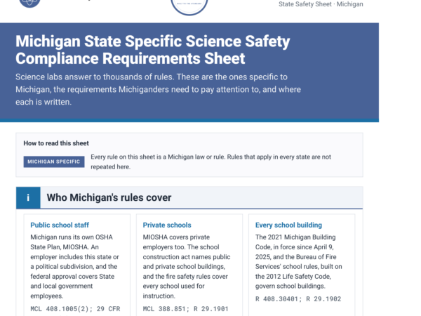 Michigan science lab safety rules and requirements checklist, page one