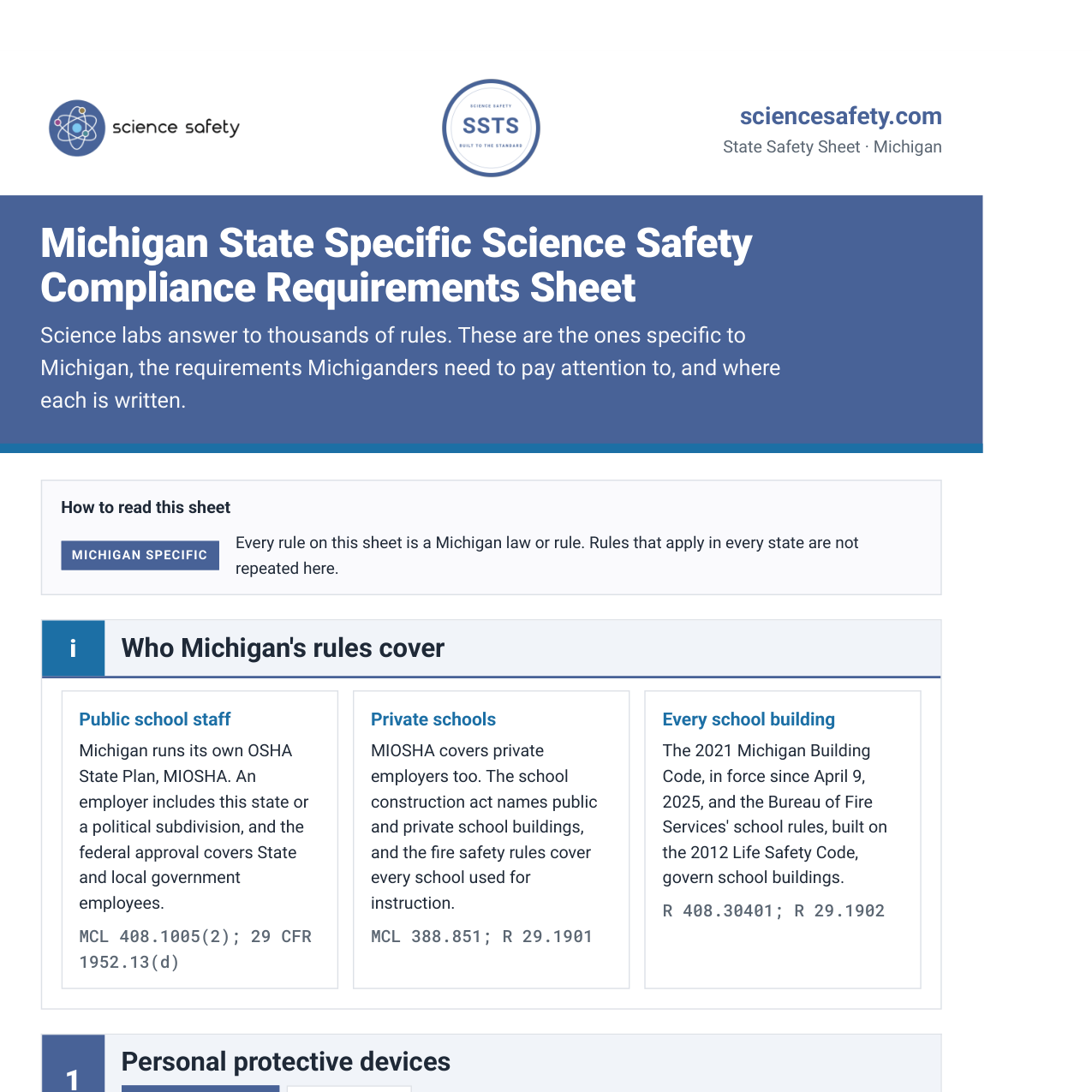 Michigan science lab safety rules and requirements checklist, page one
