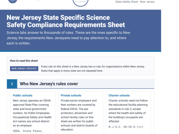 New Jersey science lab safety rules and requirements checklist, page one
