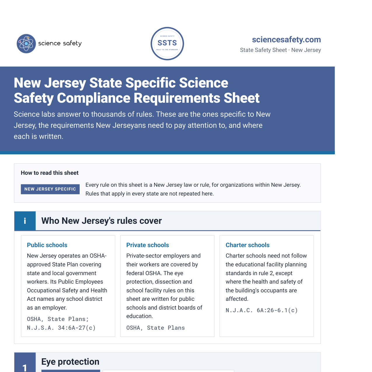 The first page of the New Jersey State Specific Science Safety Compliance Requirements Sheet
