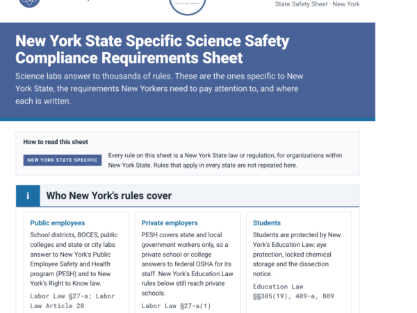 New York science lab safety rules and requirements checklist, page one