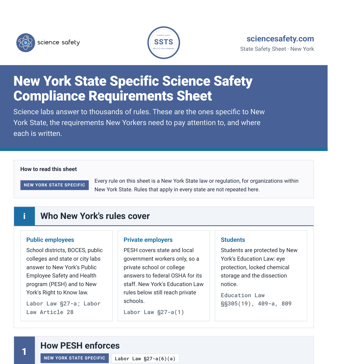 The first page of the New York State Specific Science Safety Compliance Requirements Sheet