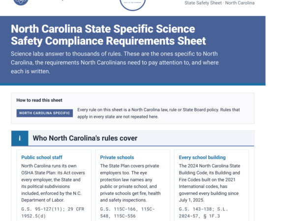 North Carolina science lab safety rules and requirements checklist, page one